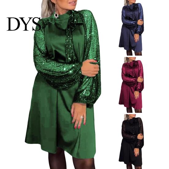 Sequin Embellished Dress Women Round Neck Lace-up Strap Shiny Patchwork Long Sleeves Midi Spring Party Loose Solid Color Knee Length Autumn