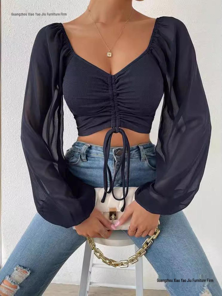 Summer V-Neck Chiffon Lantern Sleeve Drawstring Top