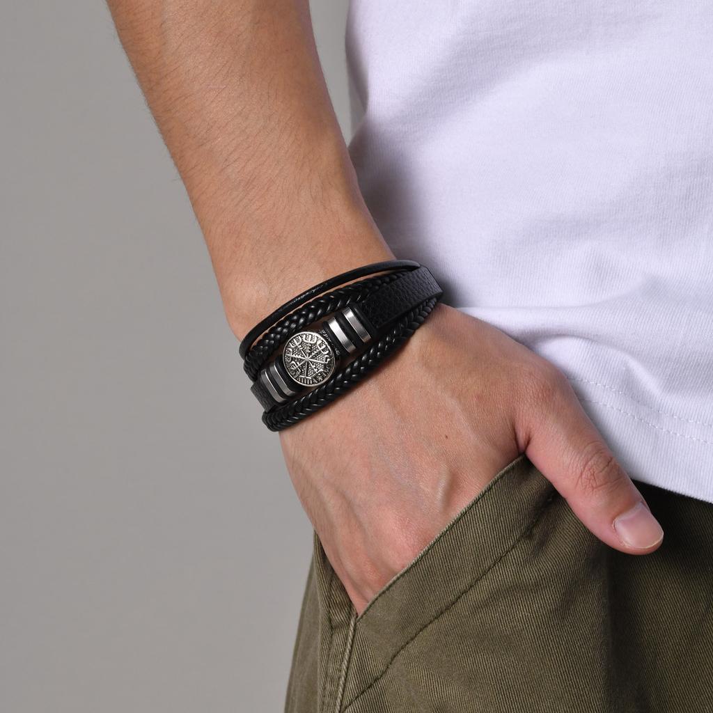 Nordic Viking Bracelets for Men Boys, Black Leather Bracelet Men, Birthday and Christmas Gifts for Dad, Father, Husband, BFF