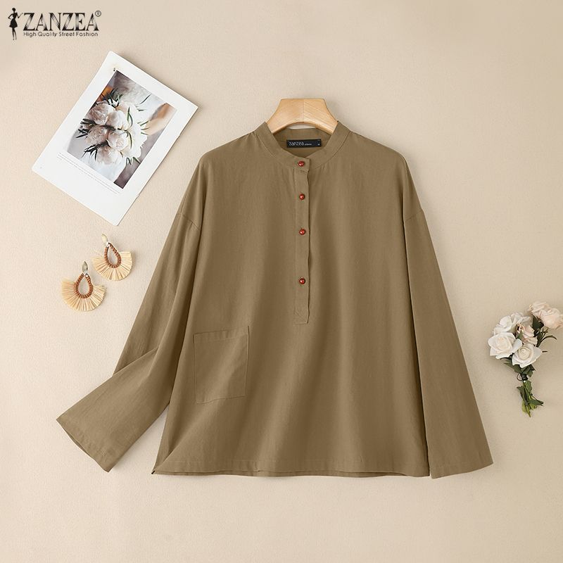 ZANZEA Women Casual Round Neck Solid Color Long Sleeve Cotton Blouse