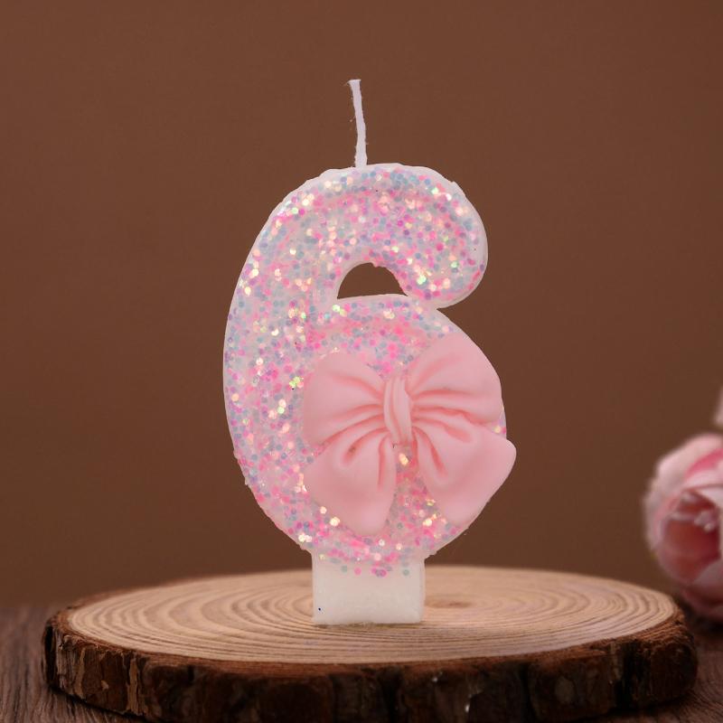 Cute Pink Bow Cake Number Candles Glitter 0-9 Digital Cake Toppers Kids Girls Birthday Party Cupcake Dessert Decoration Favors