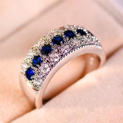 Crystal Female Small Blue Round Zircon Stone Ring Silver Color Wedding Engagement Jewelry For Women