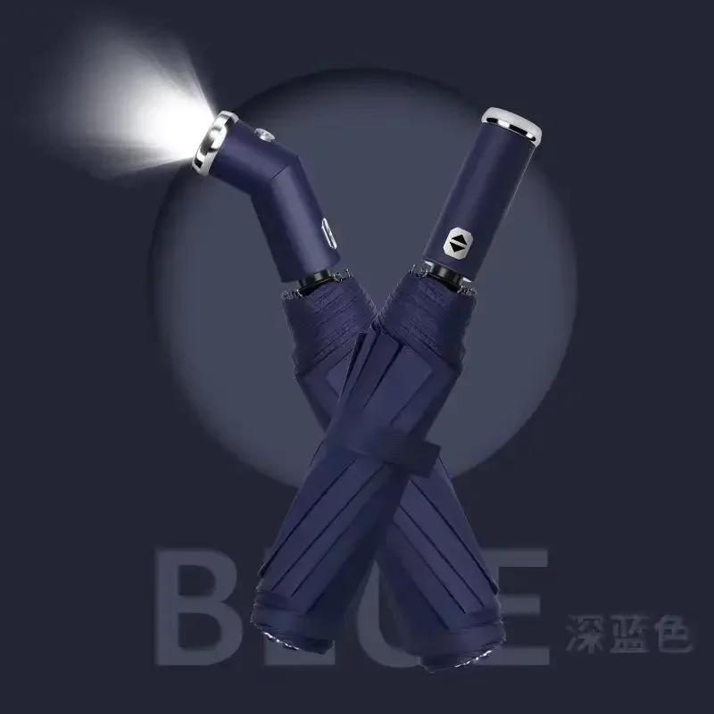 

Полностью автоматический обратный складной зонт со светодиодным фонариком, 10 ребер, ветрозащитные УФ-зонты со светоотражающей полосой для дня солнца или дождя Aluminum&6K синий