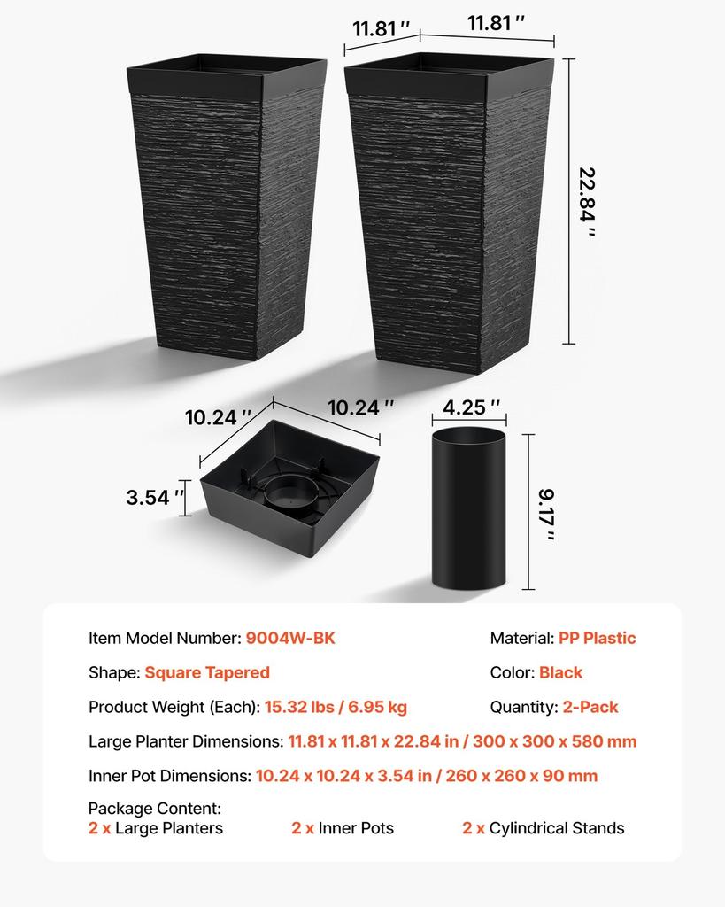 Tall Planters Set of 2, 580 Mm Large Outdoor Taper Planters for Outdoor Indoor Plants, Front Porch Plastic Modern Flower Pots with Casters, Inner Pot