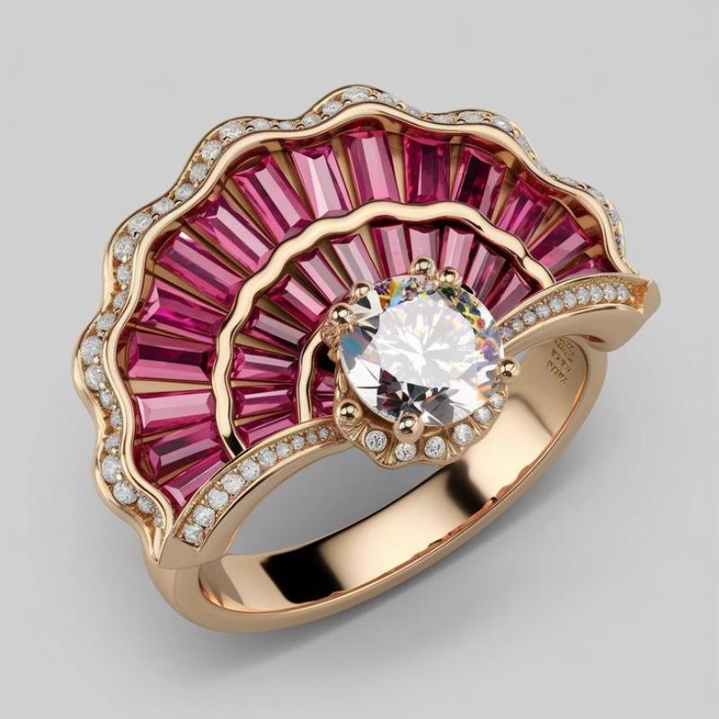 Gorgeous Inlaid White Red CZ Women's Ring Aesthetic Gold Color Hand Carving Daily Wear Party Jewelry Anniversary Gift
