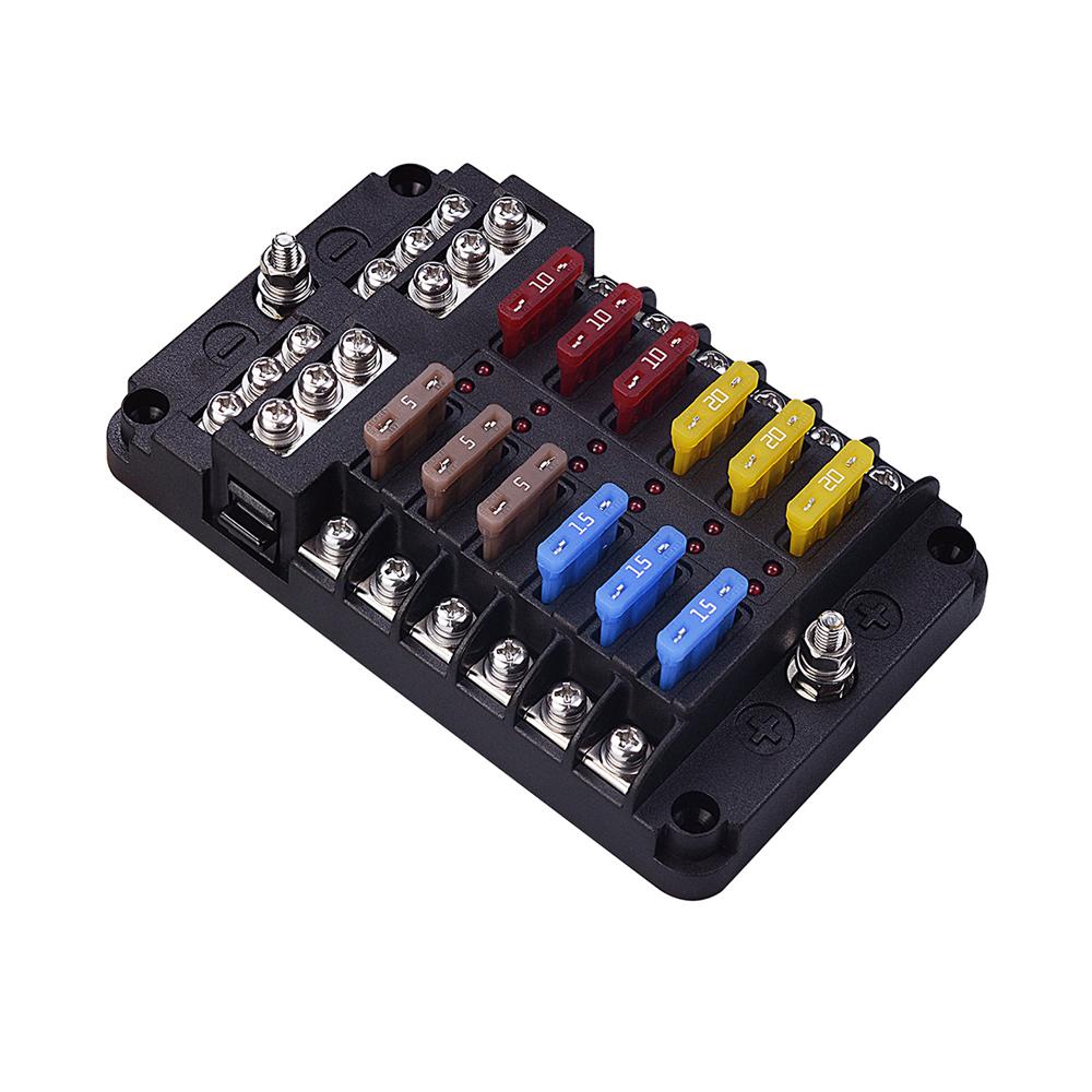 

Автомобильный независимый положительный и отрицательный 12-контактный блок предохранителей со светодиодным индикатором, 12-входовая винтовая проводка 12 с 24 предохранителями чёрный