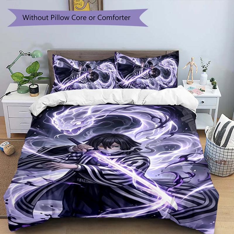 3er-Set Bettwäsche mit Iguro Obanai Design - HD-bedruckte Bettwäsche mit 1 Bettbezug und 2 Kissenbezügen - Perfekt für die Dekoration von Zuhause und Wohnheim