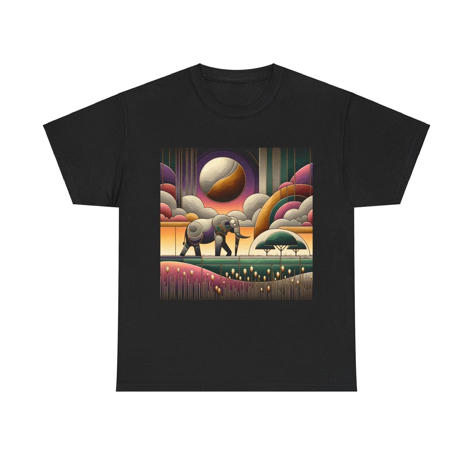 Unisex Adult T Shirt Art Deco Geometric Elephant Savannah Sunset Safari Retro L
