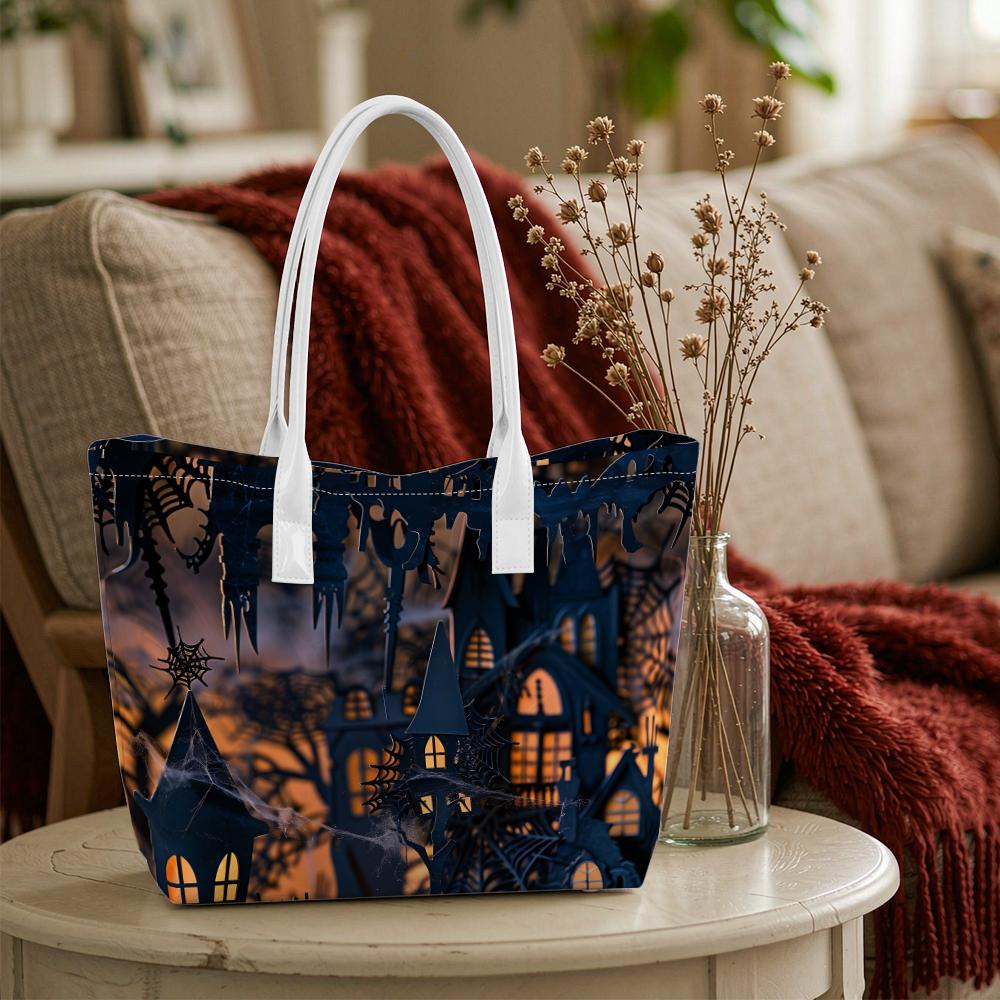 Halloween Spooky Castle Print Portable Shoulder Tote Bag for Daily Use