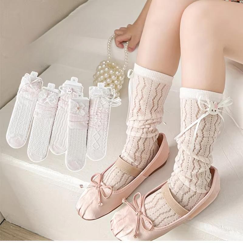 Children Spring Summer Mid-calf Socks Girls Lolita Thin Lace Calf Socks JK Pink Bowknot Sweet Loose Socks Stockings for 3-8Y