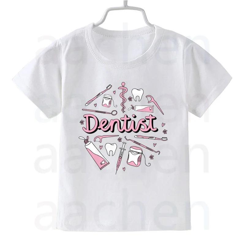 Tooth Dentist Cartoon Print Kid Cute White T Shirt Children Short Sleeve Clothing Funny Cartoon Party Top Boys and Girl Tshirt