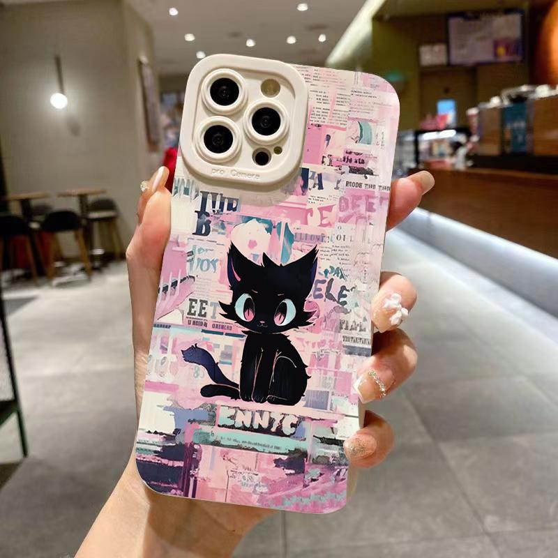 Hand Drawn Black Cat Graffiti Star Pattern Design Protective Cover for iPhone 17 16 15 14 13 12 11 16E Series Pro Max Plus