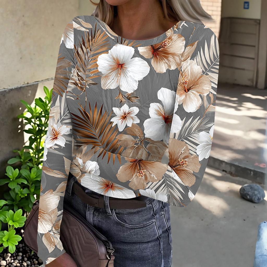 Damen Lässiges Mode-Oberteil mit Rundhalsausschnitt, Hawaiianischem Print und Langen Rippbündchen