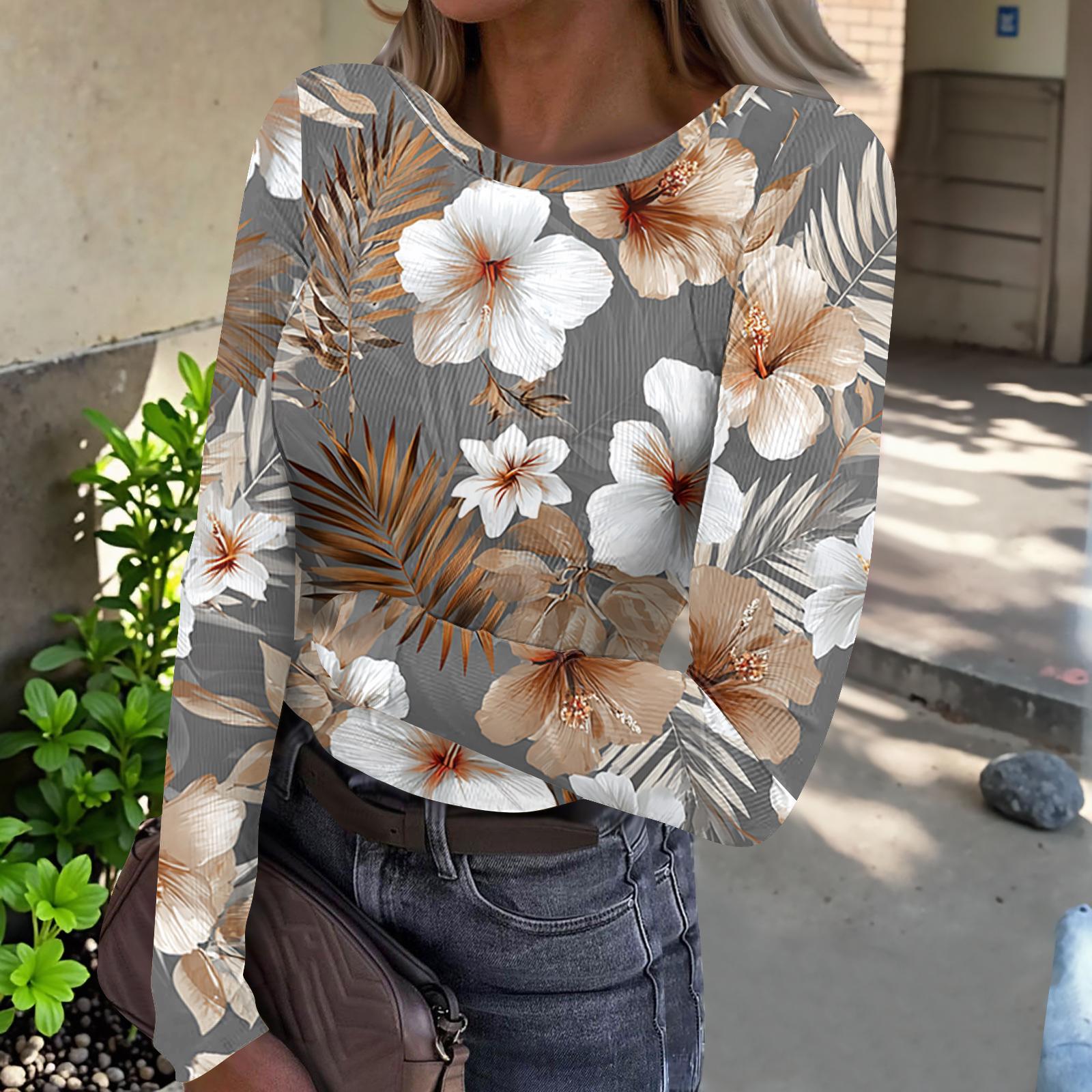 Women s Casual Fashion Round Neck Hawaiian Print Long Sleeve Ribbed Top L