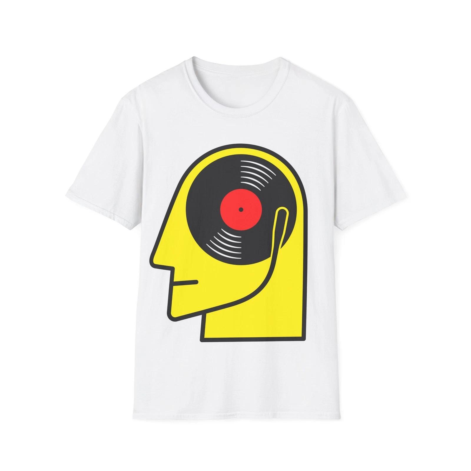Vinyl Album Head T-Shirt, Funny Music Fan Cartoon Style Regular Fit Graphic Tee M