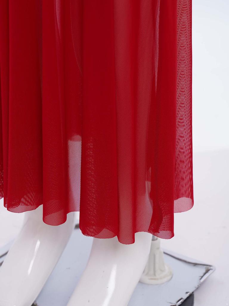 Girls Performance Dress Shiny Sequins Rhinestones Strappy Cutout Waist Side Split Mesh Dancewear