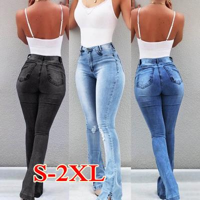 Women Fashion Boot Cut Demin Pants Casual Bell-bottoms Slim Stretchy High Waist Jeans Pencil Flared Ladies Trousers Plus Size S-2XL