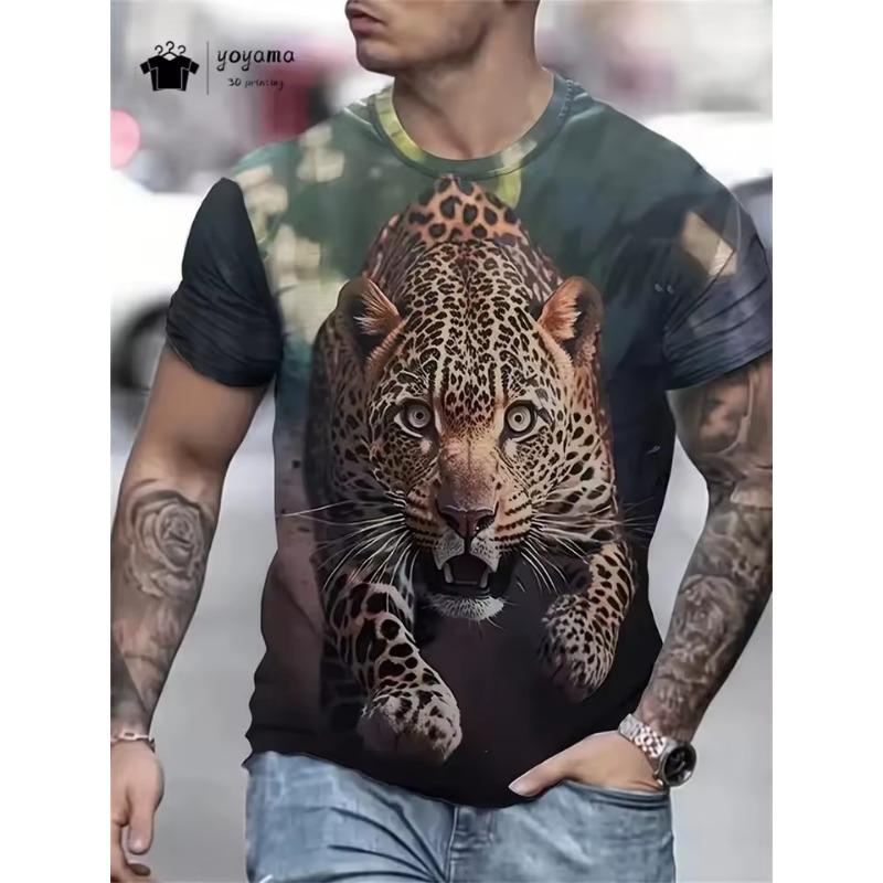 Men‘s T Shirt Men's Stylish Leopard Pattern Animal Print Y2k Casual Short Sleeve O Neck Tee Loose Top Outdoor Oversized Clothing