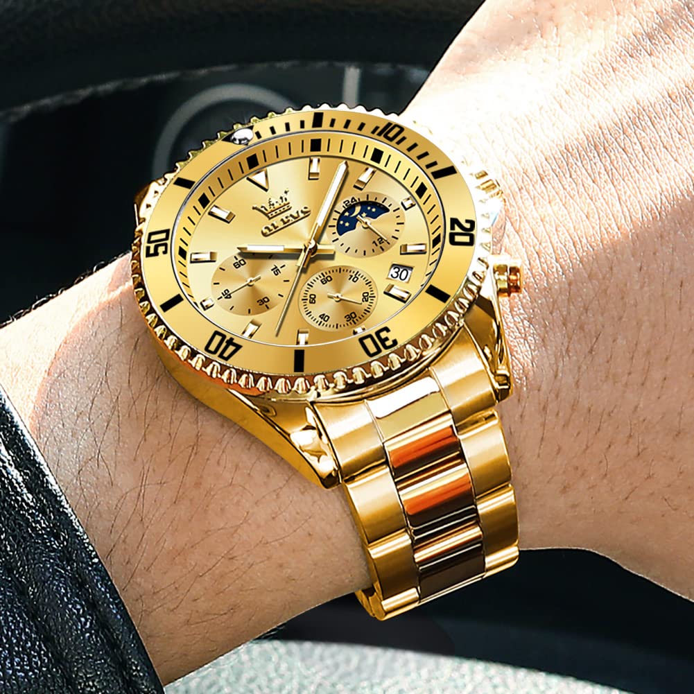 OLEVS Quartz Stainless Steel 30M Water Large Gold Date Unidirectional Rotating Bezel Men's Watch, Band, Resistant, Dial, Analog, Display,
