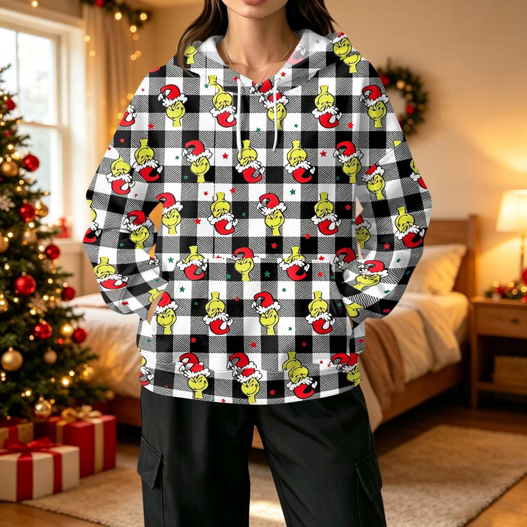Women's Fashion Casual Christmas Print Hooded Sweatshirt with Pockets
