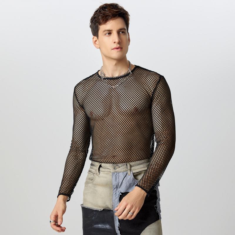 INCERUN Herren Langarm Mesh Skinny Tops Durchsichtige T-Shirts