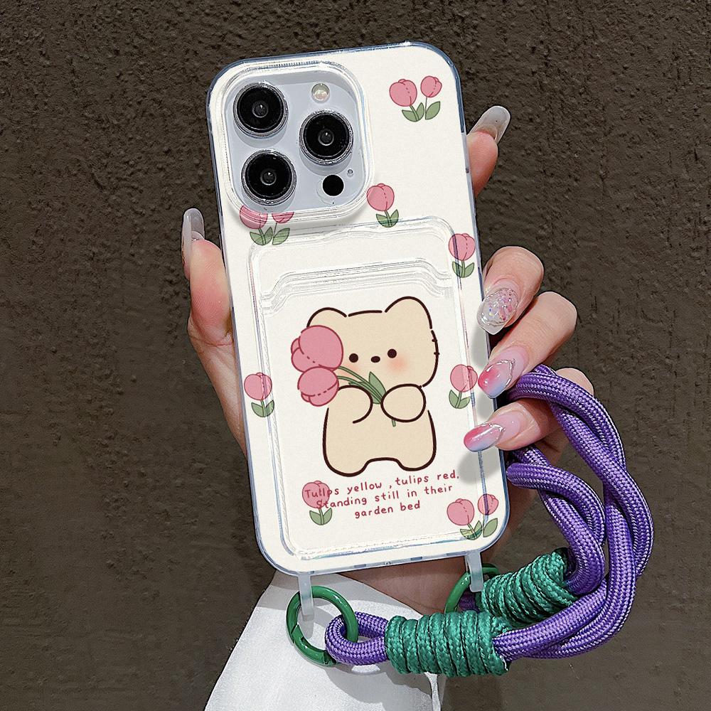 Cute Flower Phone Case For iPhone 15 Pro Case iPhone 13 11 12 14 16 Pro Max 7 8 Plus XR XS SE  Hang Chain Card Holder Cover