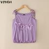 VONDA Women Summer Strap Sleeveless Bow Knot Pleated Casual Tank Tops