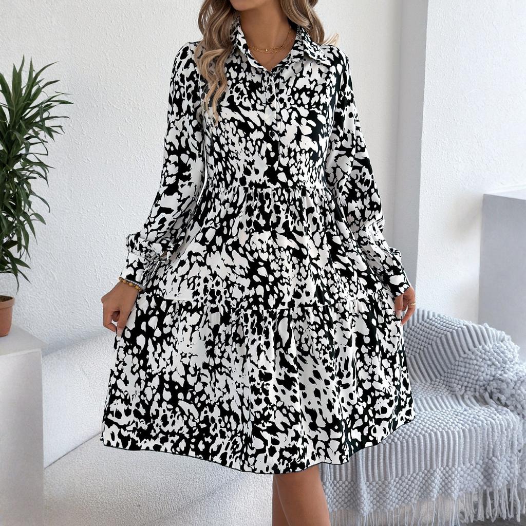 Women's Summer Fashion Printed Lapel Button Loose Long Sleeved Shirt Dress