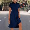 QICED Spring Summer Solid Color Print Short Sleeve POLO Neck Slim Shirt Lace-up Dress