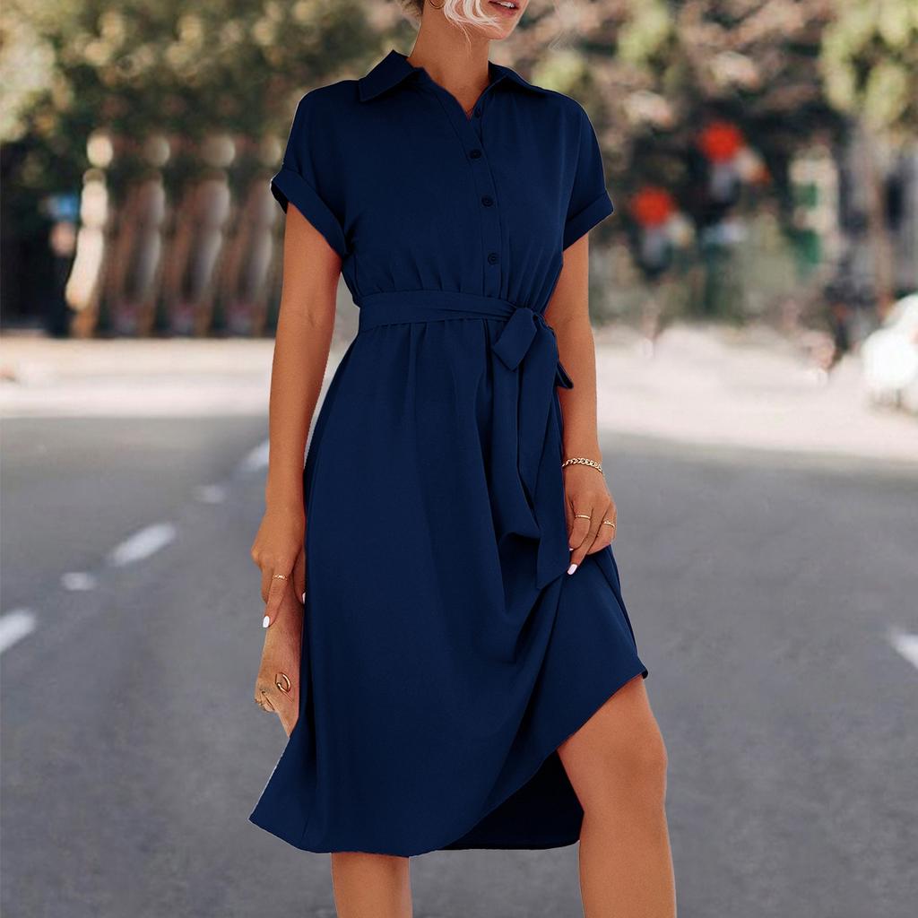QICED Spring Summer Solid Color Print Short Sleeve POLO Neck Slim Shirt Lace-up Dress