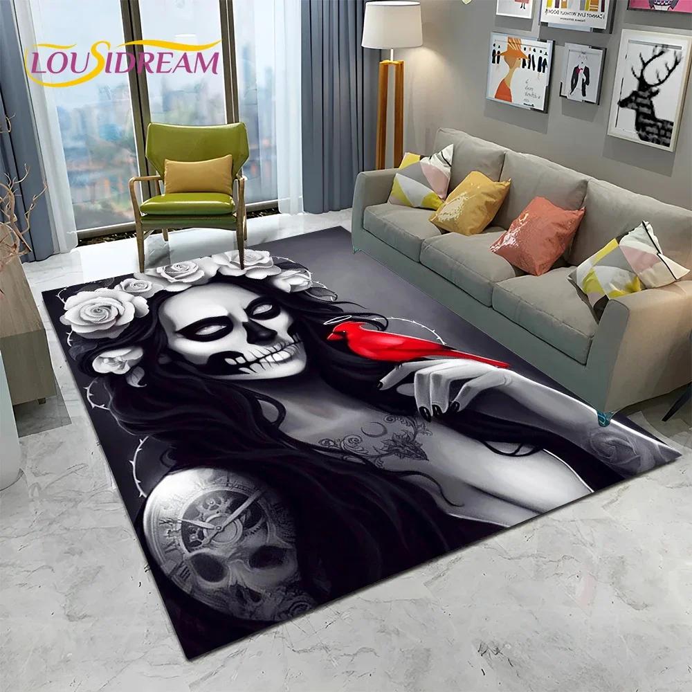 Horror Gothic Female Skull Dead Girl Teppich Teppich für Zuhause Wohnzimmer Schlafzimmer Sofa Fußmatte Dekor, Kinderbereich Teppich rutschfeste Bodenmatte