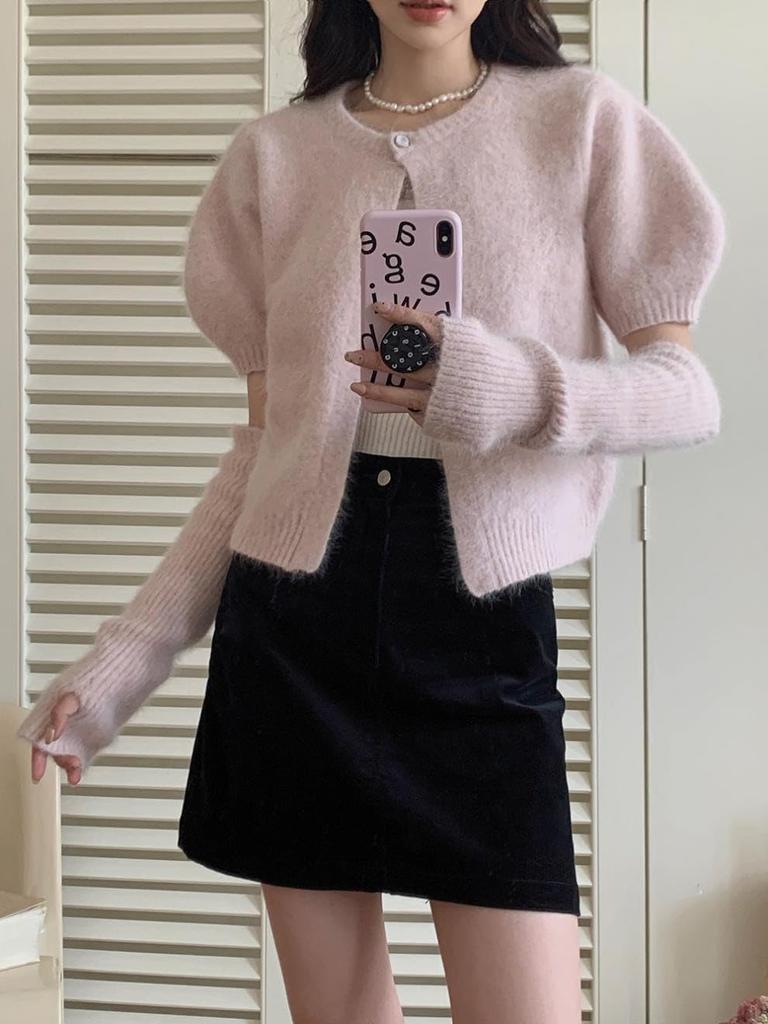 Korean Fashion Knit Sweater with Long Sleeves and Arm Set of Cardigan and Short Sleeve Korean Short [KOREARU] Women's Covers, Bolero, Knitwear,