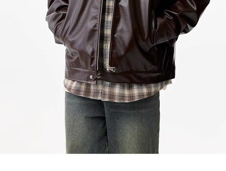 Men's Retro High-End Leather Motorcycle Jacket with Stand Collar - Loose Fit, Plus Size, Fashionable Casual Outerwear.