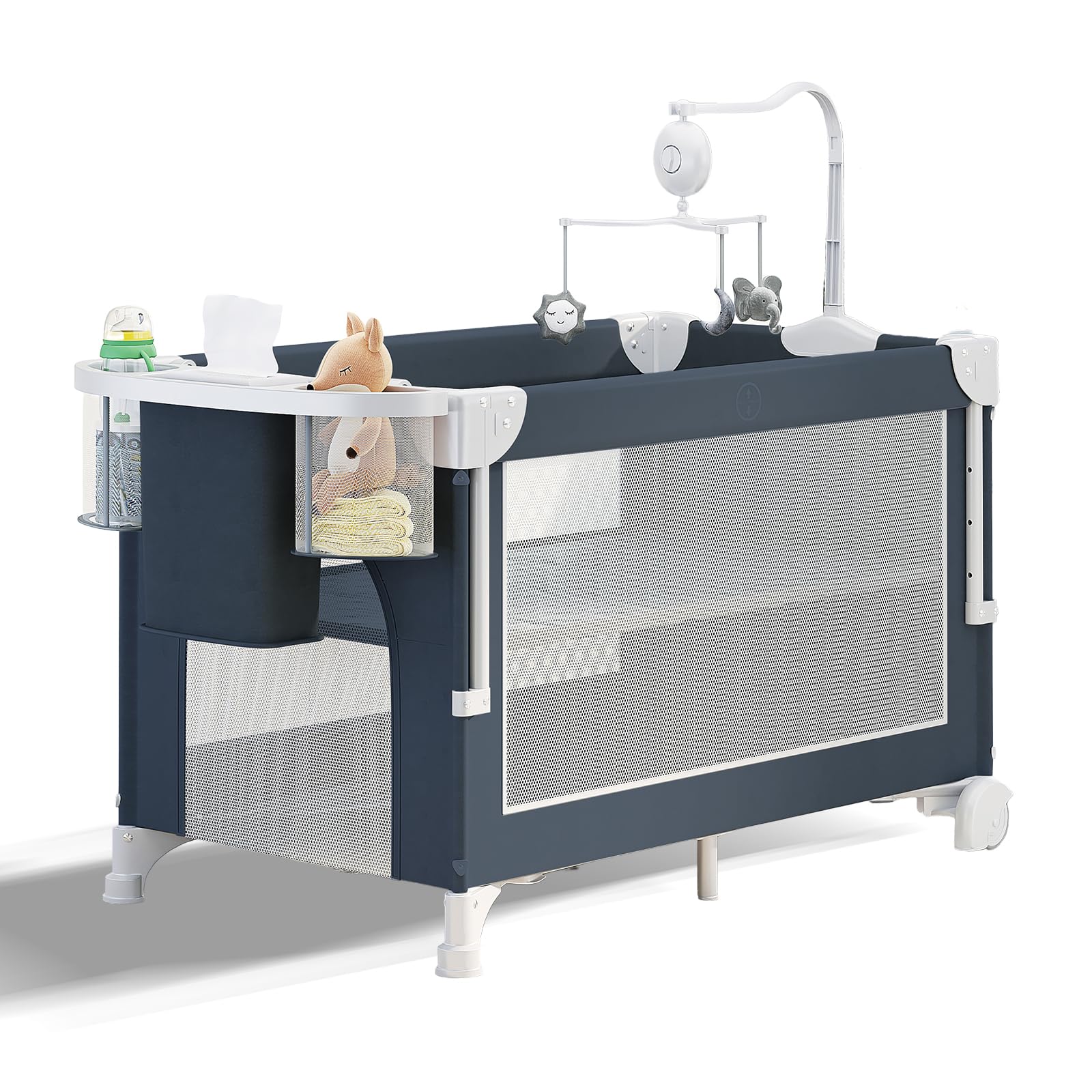 

JZOOOZ Детская кроватка с пеленальным столиком с легким противомоскитным пологом для новорожденных, подвесным органайзером, идеально подходит в качестве подарка для новорожденного, для совместного сна (Размер 115x65x75см)