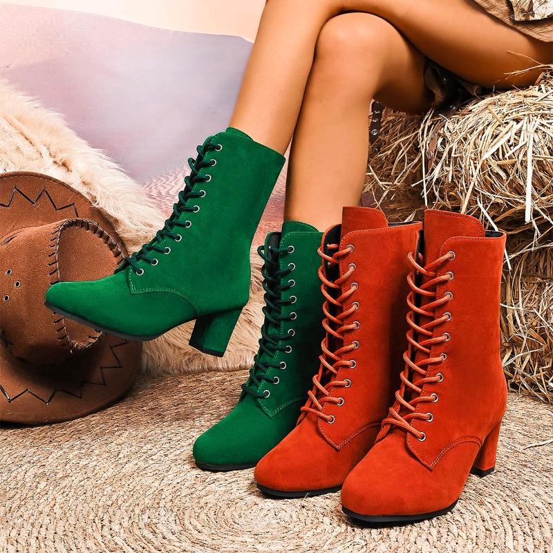 Fashion French Vintage Suede Mid-thigh Boots Autumn New Round Toe Lace-up Front Non-slip Wear-resistant Block Heel Shoes