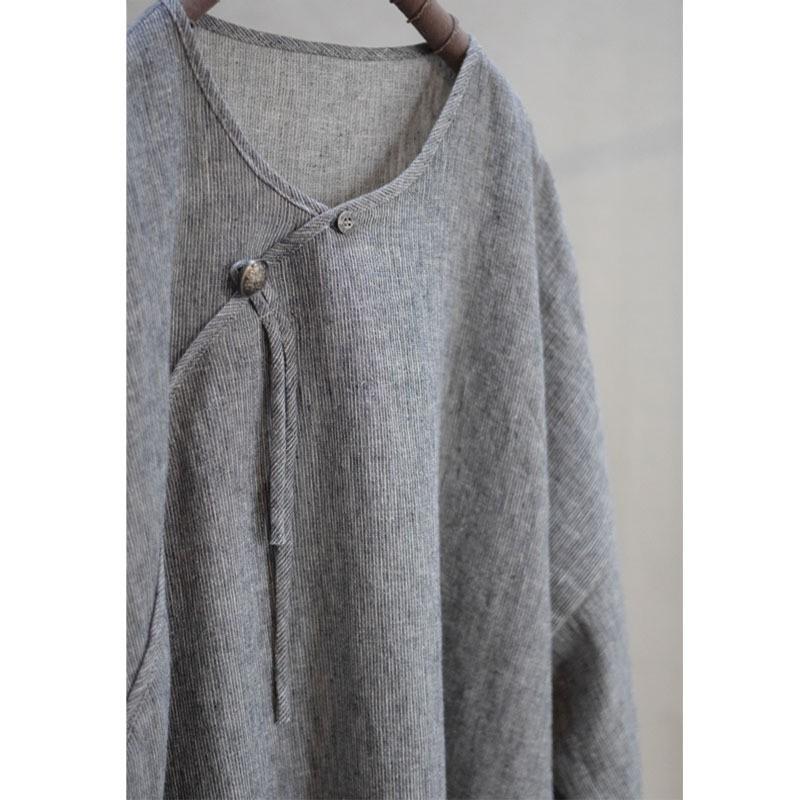 Johnature Frau Frühling Einfarbig Waschen Lange Ärmeln Kleid Chinesischen Stil Vintage V-ausschnitt Kleid