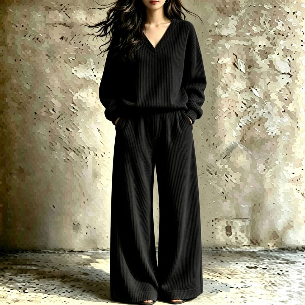 Women's Casual V-Neck Loose Fit Two-Piece Set, Fall Winter Loungewear