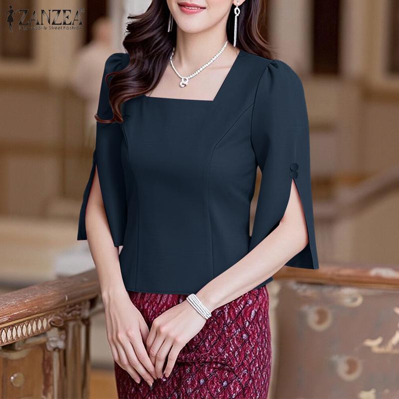 ZANZEA Women Elegant Square Neck Casual Split 3/4 Sleeve Plain Blouse