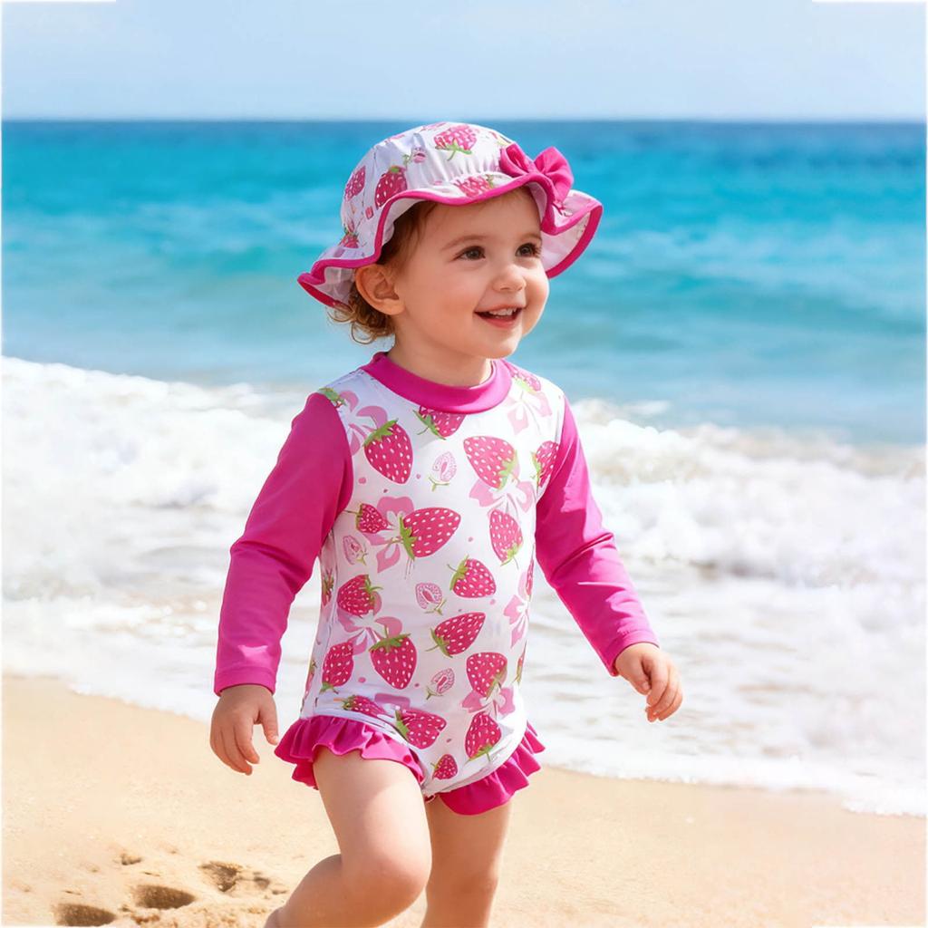 Infant Long Sleeve Snap Button One Piece Swimsuit with Matching Sun Hat Floral Print Baby Swimwear Set UV Protection
