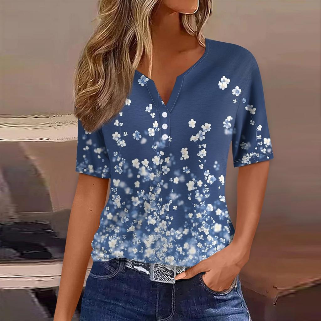 Women's T Shirt Tee Print Button Short Sleeve Daily Weekend Fashion Basic V- Neck Regular Top