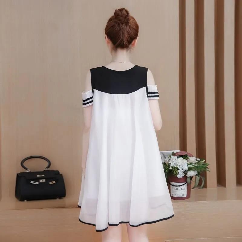 Summer new Korean version of the fake two large size women's short-sleeved long chiffon dress