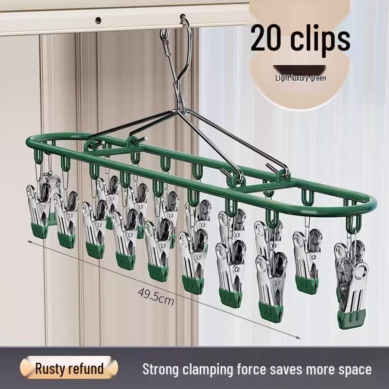 Multi-Functional Stainless Steel 18-Clip Sock Drying Rack with Windproof Hook for Balcony Use