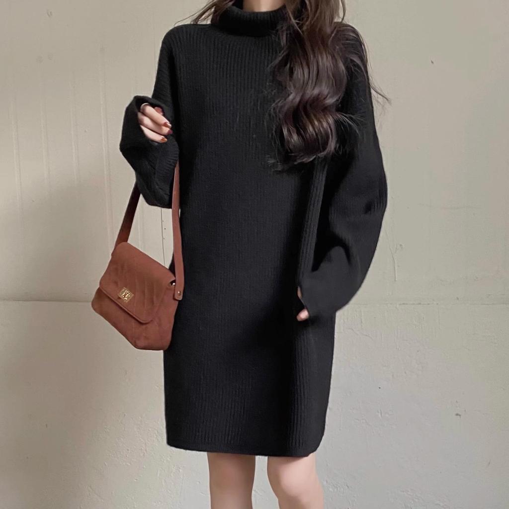Korean Style High Neck Loose Sweater Dress - Petite Medium Length, Autumn/Winter