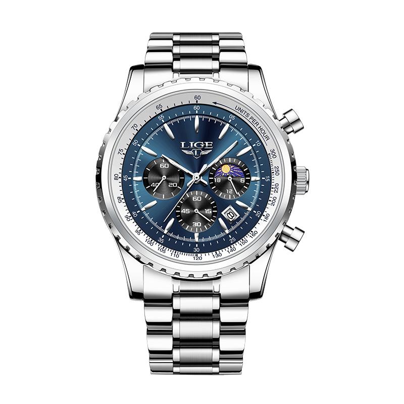 LIGE Business Men's Watch Chronograph Quartz Wristwatch Fashion Moon Phase Calendar Clock Waterproof Luminous Male Watch