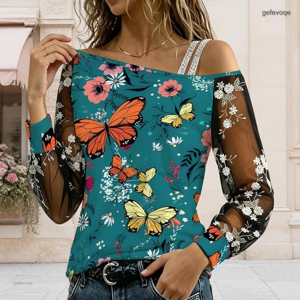 Plus Size Women Diagonal Shoulder Long Sleeve Top Boho Tropical Blossom Print Mesh Lace Splicing Blouse