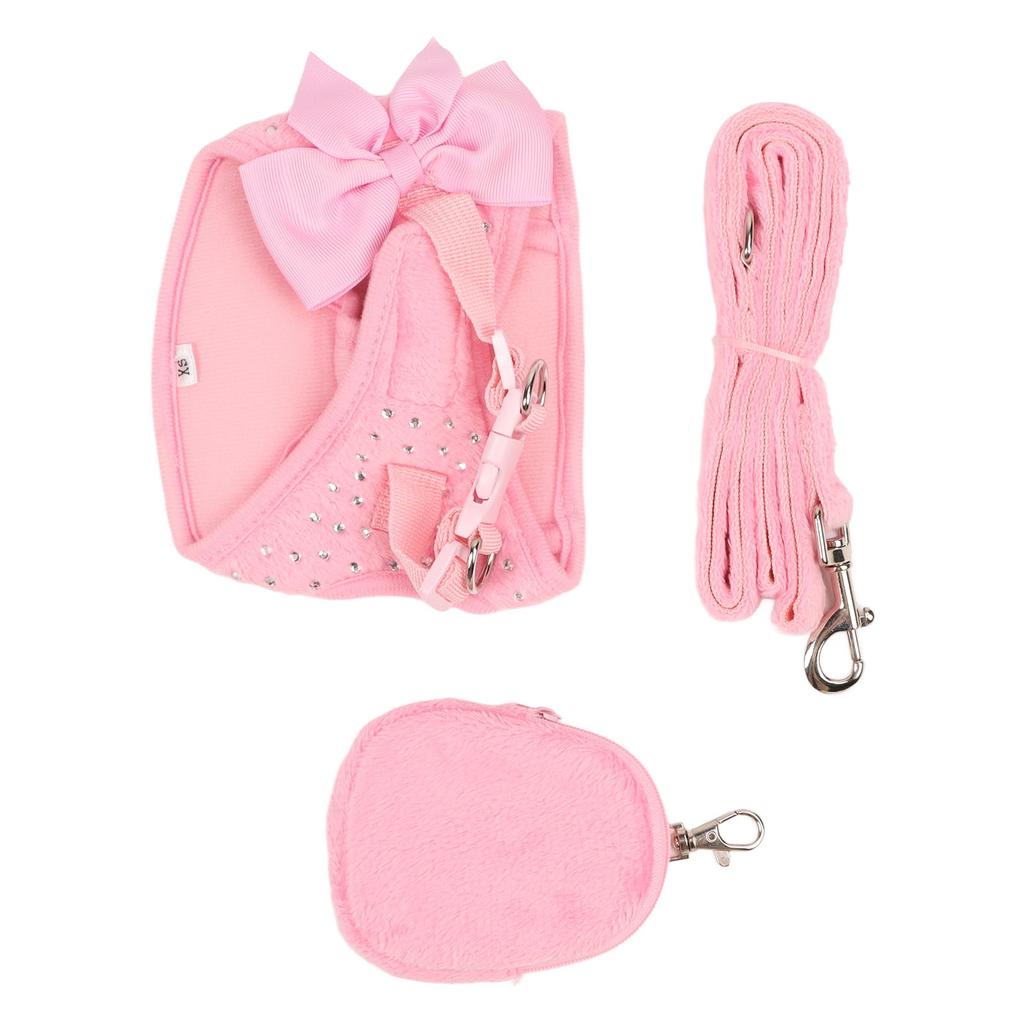 Dog Harness Leash Cute Bow Rhinestone Decoration Breathable Adjustable Pet Vest Traction Rope Set for Small Dogs Cats Pink