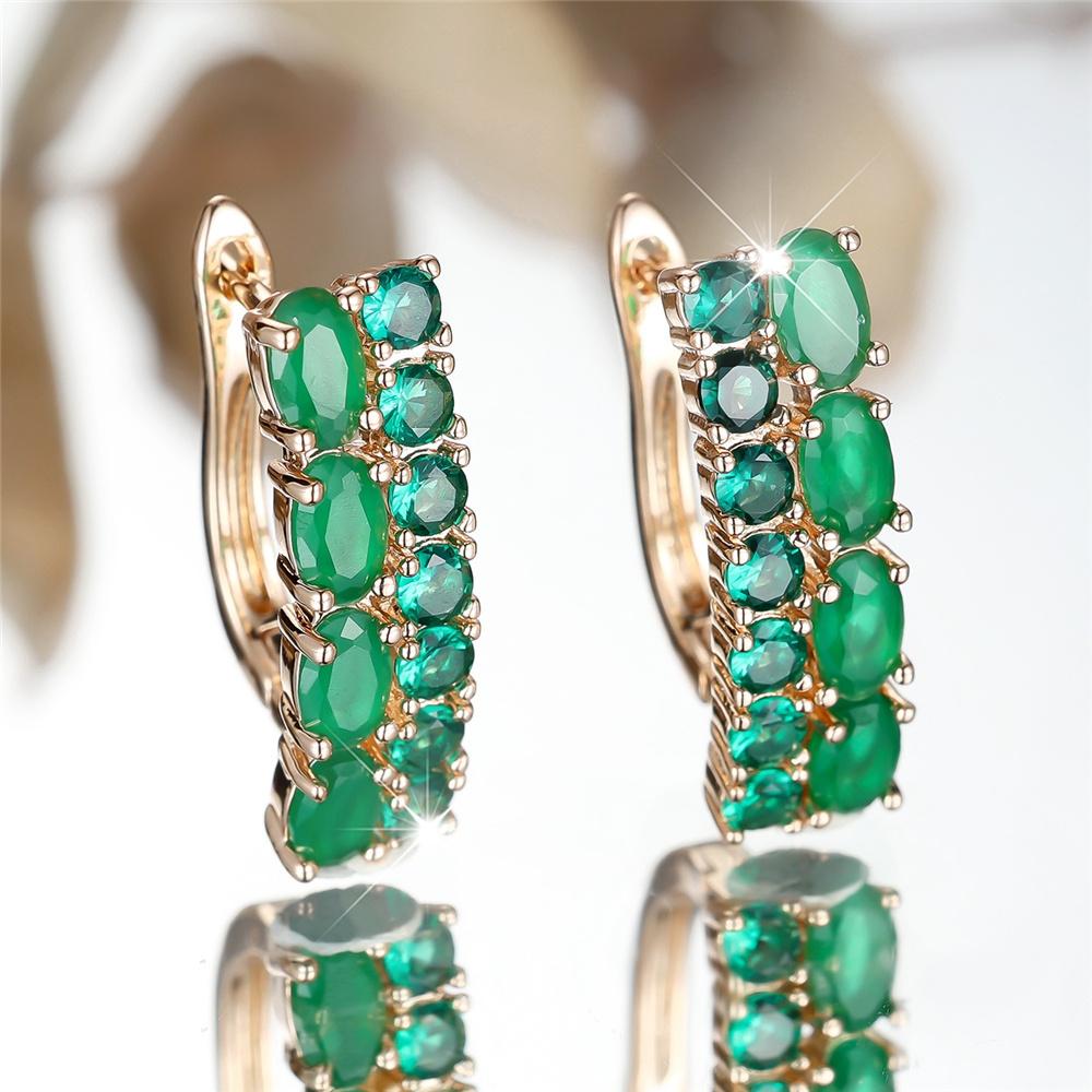 Green Round Zircon Simulated Jade Oval Stone Earrings For Women Vintage Gold Color Ear Buckle Wedding Jewelry Versatile Gifts