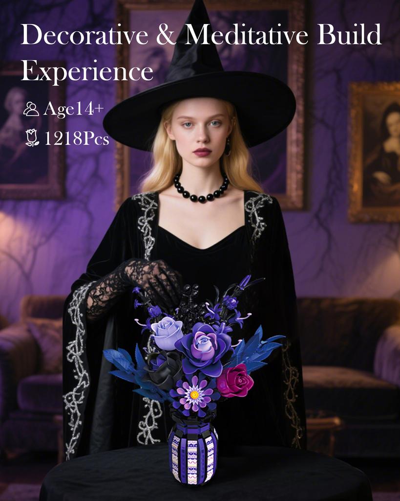 1218PCS Dark Romance Gothic Bouquet Building Blocks Flower With Vase Model Educational DIY Home Decoration Gift For Kids Adults