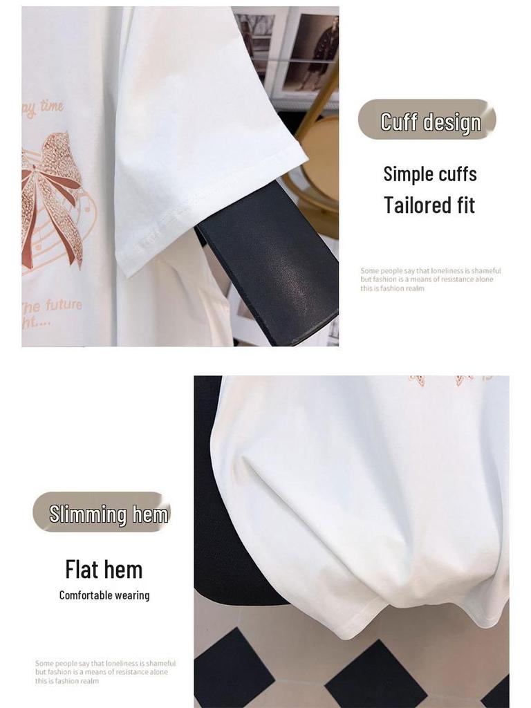 Women's Plus Size Loose Mid-Length Round Neck Short-Sleeve T-Shirt (Sizes 200/300/350 Jin)