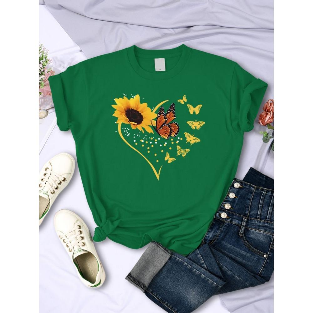 Simple Woman T-Shirts Sunflower Butterflies Heart Prints Short Sleeve Comfortable Soft O-Neck Tops Summer Casual Female Clothes